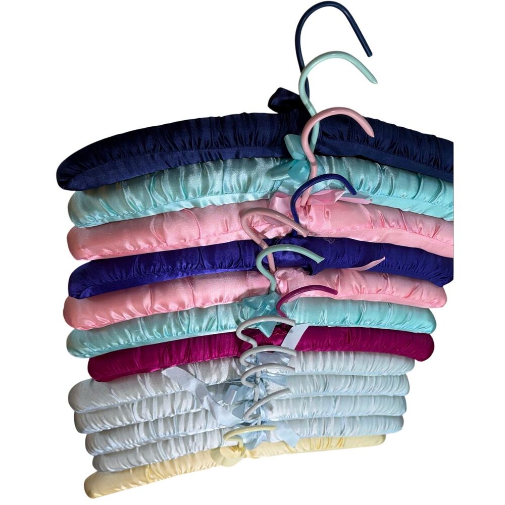 Lot of 12 Satin Padded Clothes Hangers Multicolor with Bow Accents - Picture 8 of 10